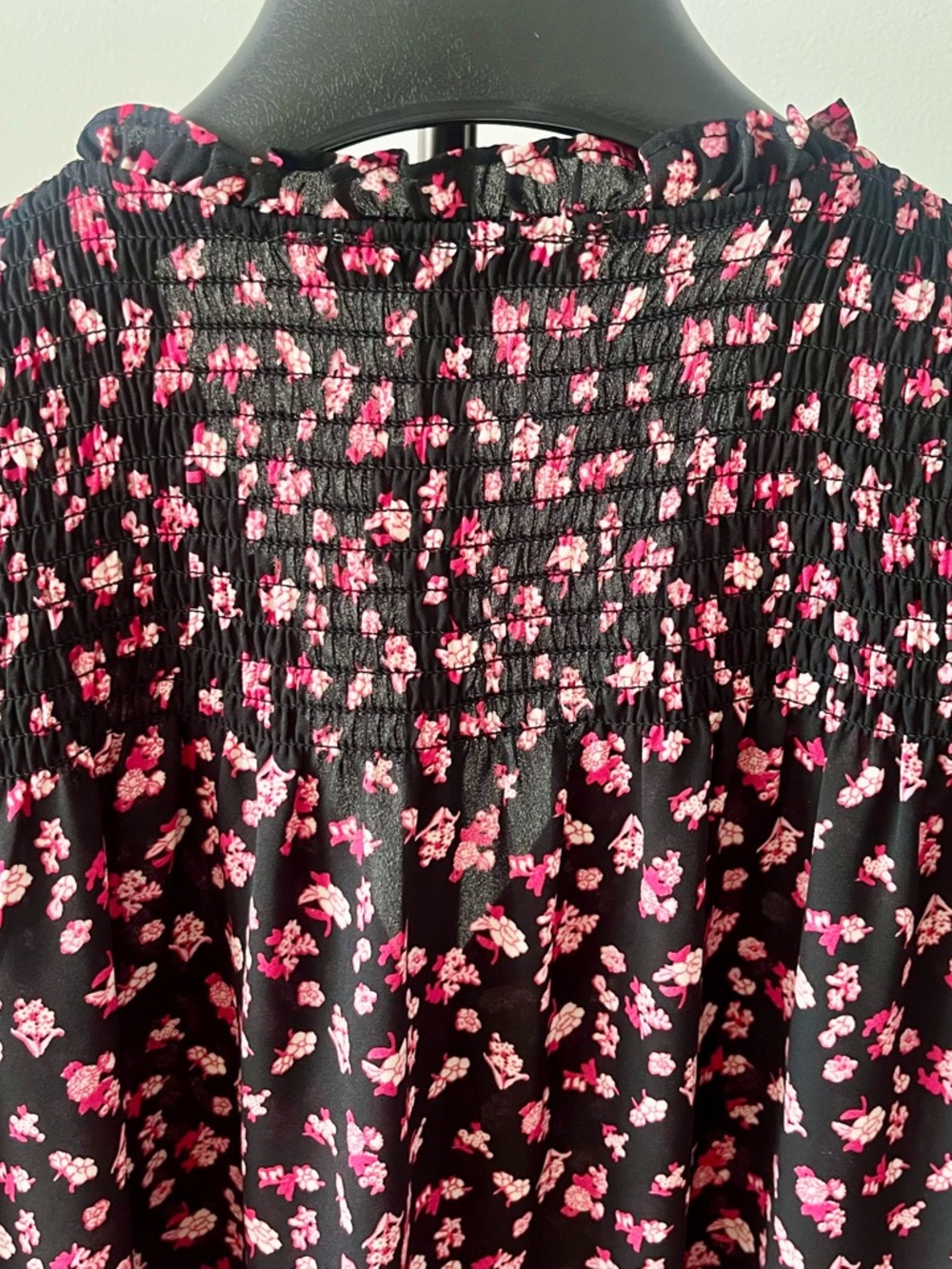 Rose & Olive Floral Smocked Peasant Blouse Cottagecore Boho Black Pink - Picture 4 of 14